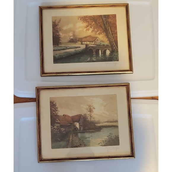 Pair Of Augis Original Etchings Artist Proof Signed: Corbigny Tourlaville France - Picture 1 of 13